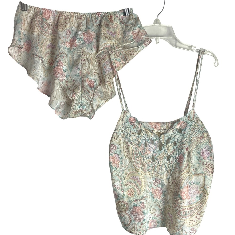 Vtg Victorias Secret Gold Label Pajama Set Size S Pastel Paisley Satin Lingerie